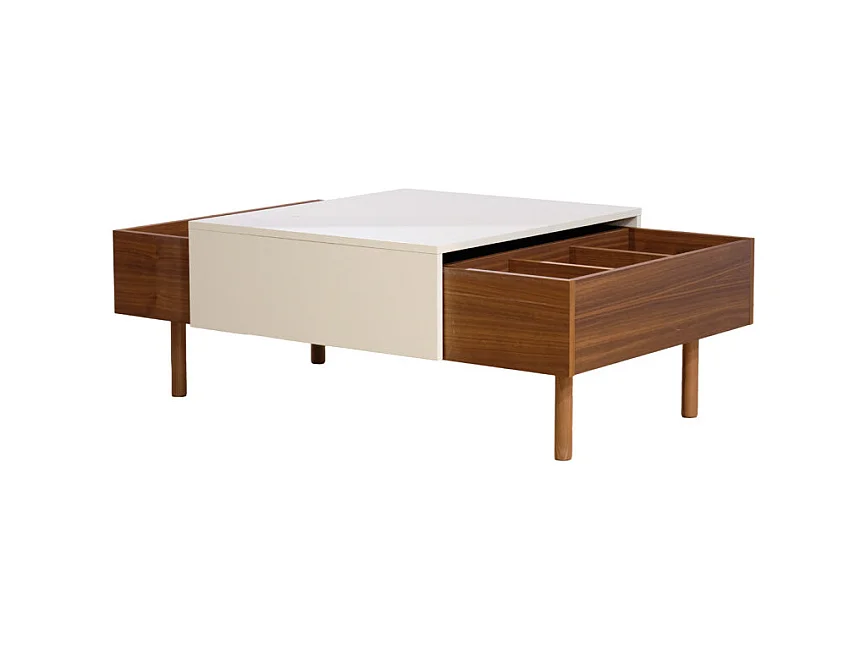 Table basse plaquée noyer et plateau coulissant crème - ZOULI 7484