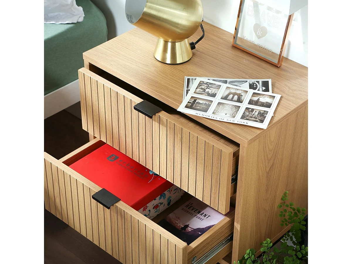 Table de Chevet 2 Tiroirs Effet Bois Rainuré H51cm - TARA