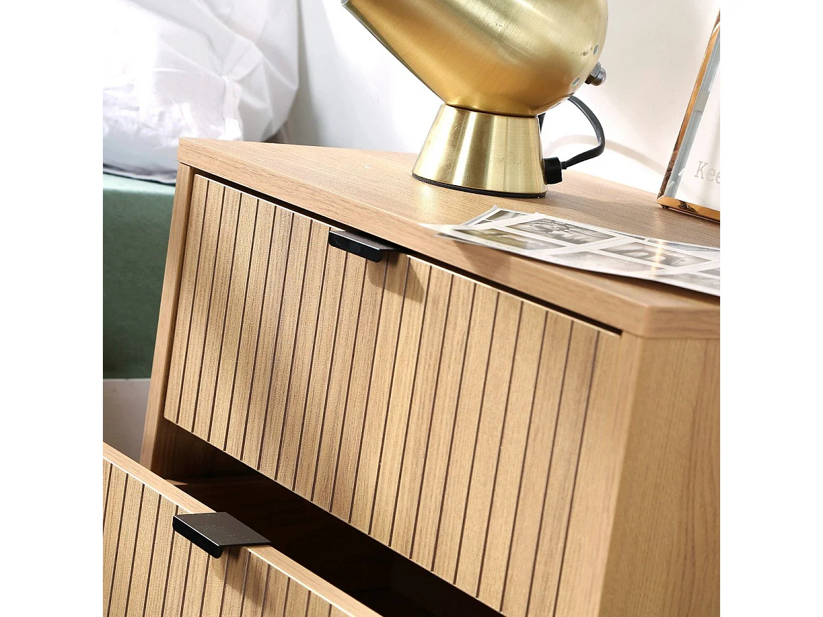Table de Chevet 2 Tiroirs Effet Bois Rainuré H51cm - TARA