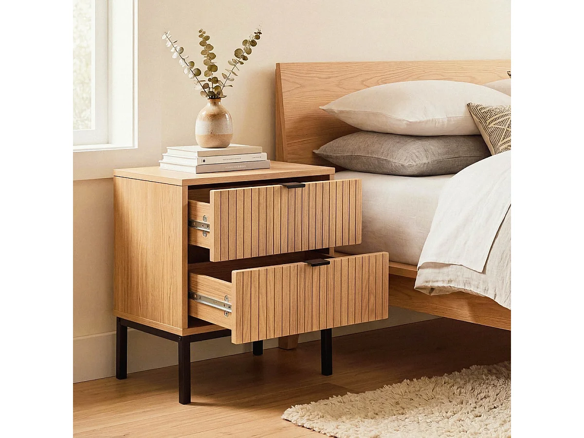 Nachttisch 2 Schubladen Effekt Holz mit Rillen - H51cm