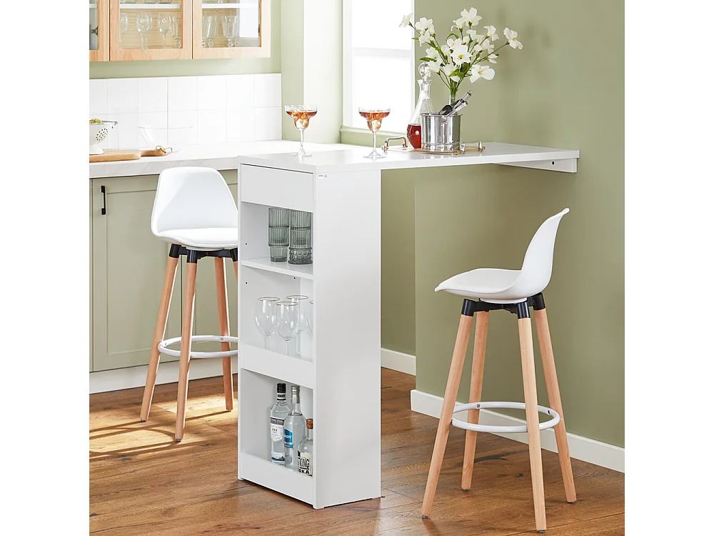 SoBuy Wandbartafel, hoge bartafel, keukentafel, eettafel, hoge bar voor keuken, eetkamer, woonkamer met 1 lade en 3 planken, 110 x 45 x 106 cm, FWT101-W