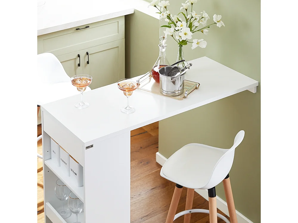 SoBuy Wandbartafel, hoge bartafel, keukentafel, eettafel, hoge bar voor keuken, eetkamer, woonkamer met 1 lade en 3 planken, 110 x 45 x 106 cm, FWT101-W