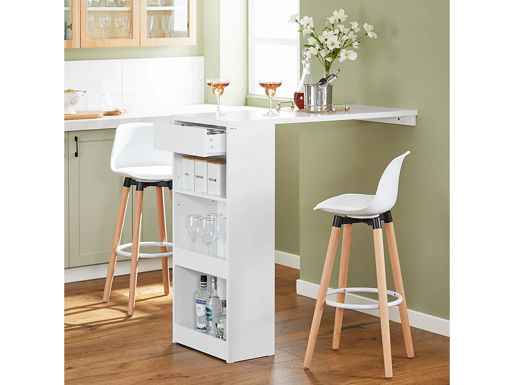 SoBuy Wandbartafel, hoge bartafel, keukentafel, eettafel, hoge bar voor keuken, eetkamer, woonkamer met 1 lade en 3 planken, 110 x 45 x 106 cm, FWT101-W