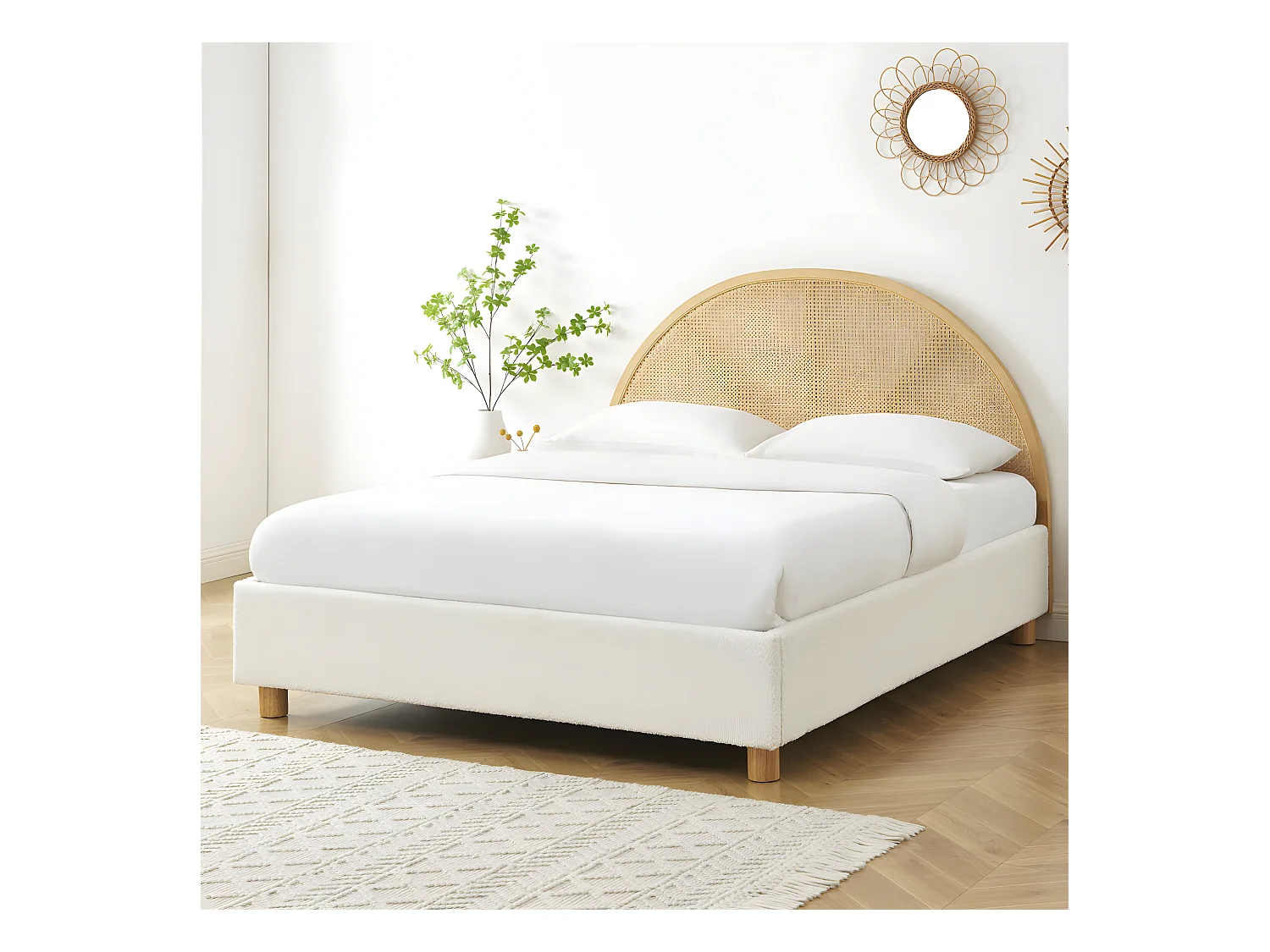 Tajur - Lit coffre en tissu bouclette et cannage 140x190cm - Ecru