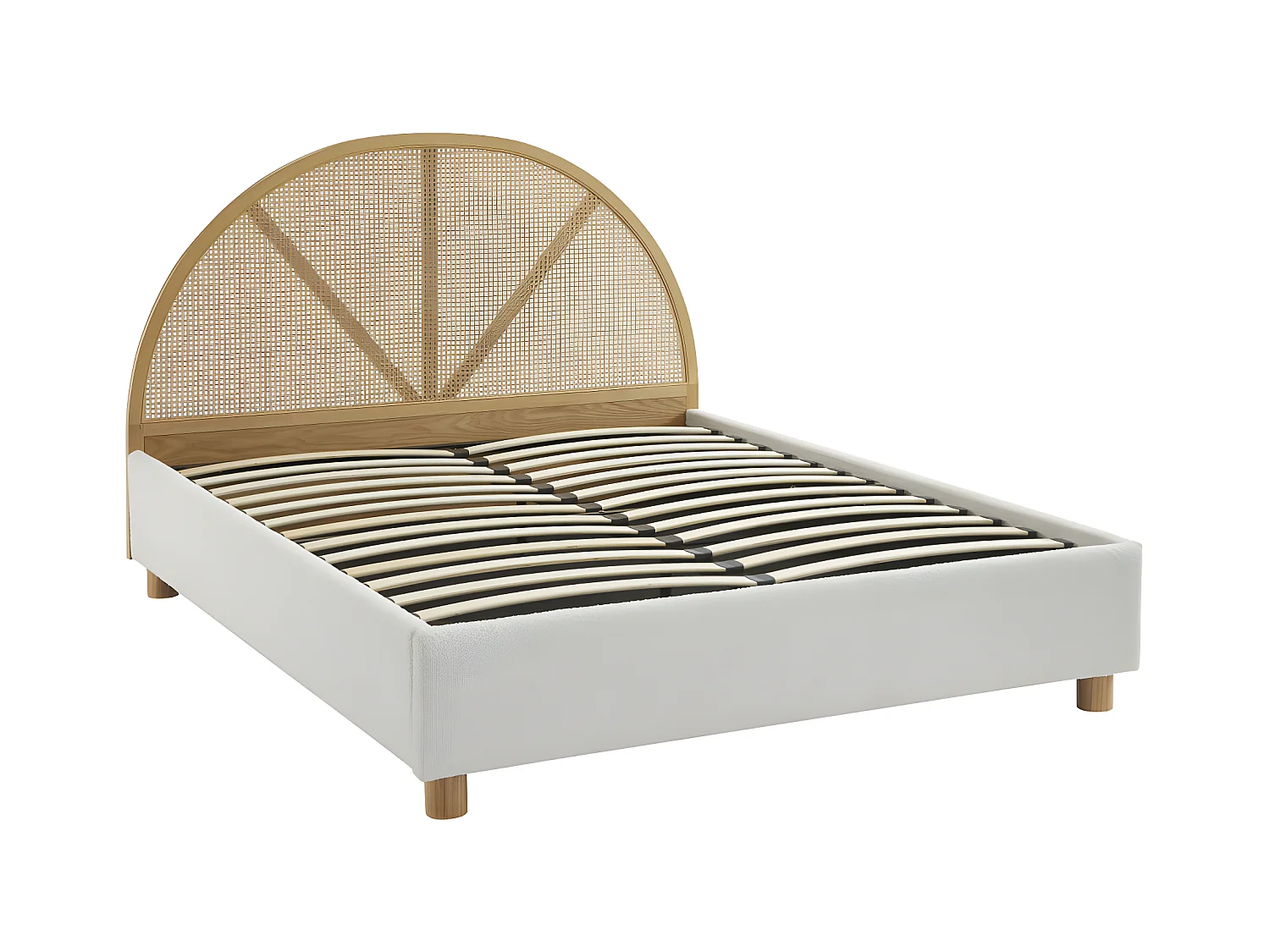 Tajur - Lit coffre en tissu bouclette et cannage 140x190cm - Ecru