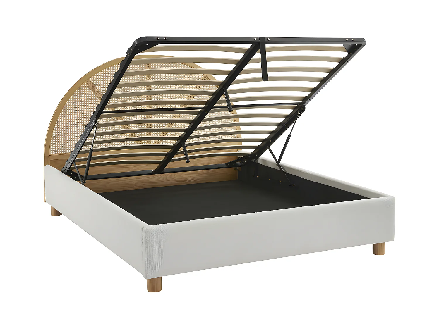 Tajur - Lit coffre en tissu bouclette et cannage 140x190cm - Ecru