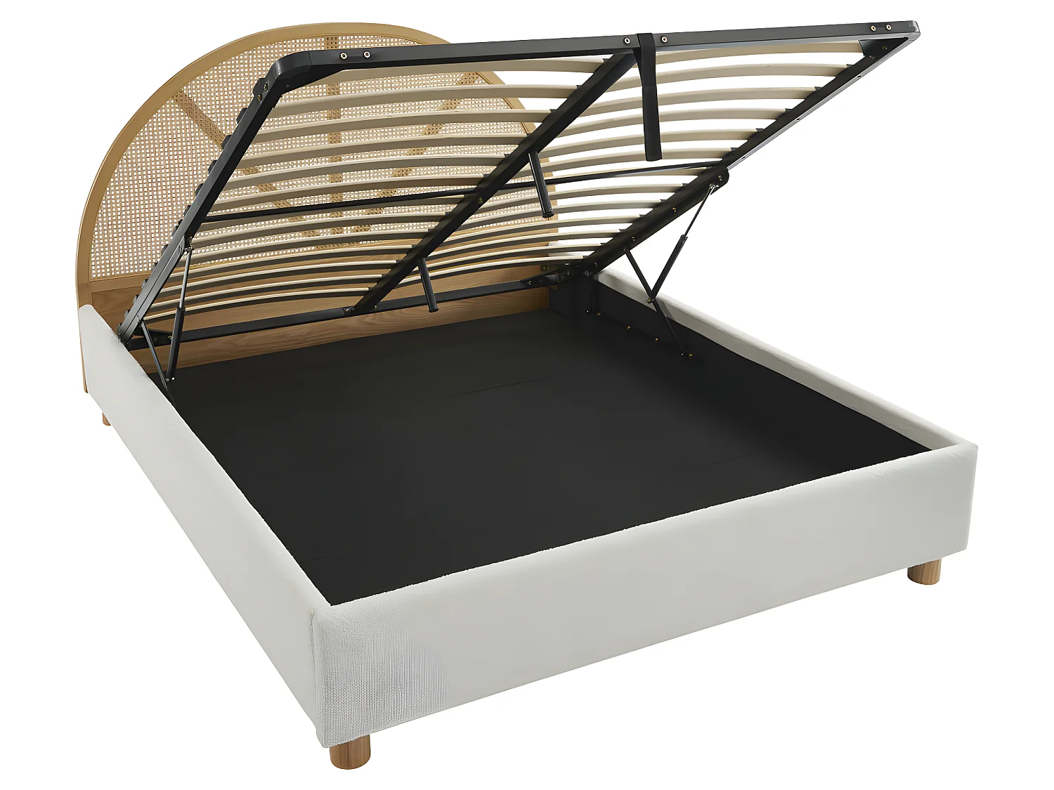 Tajur - Lit coffre en tissu bouclette et cannage 140x190cm - Ecru