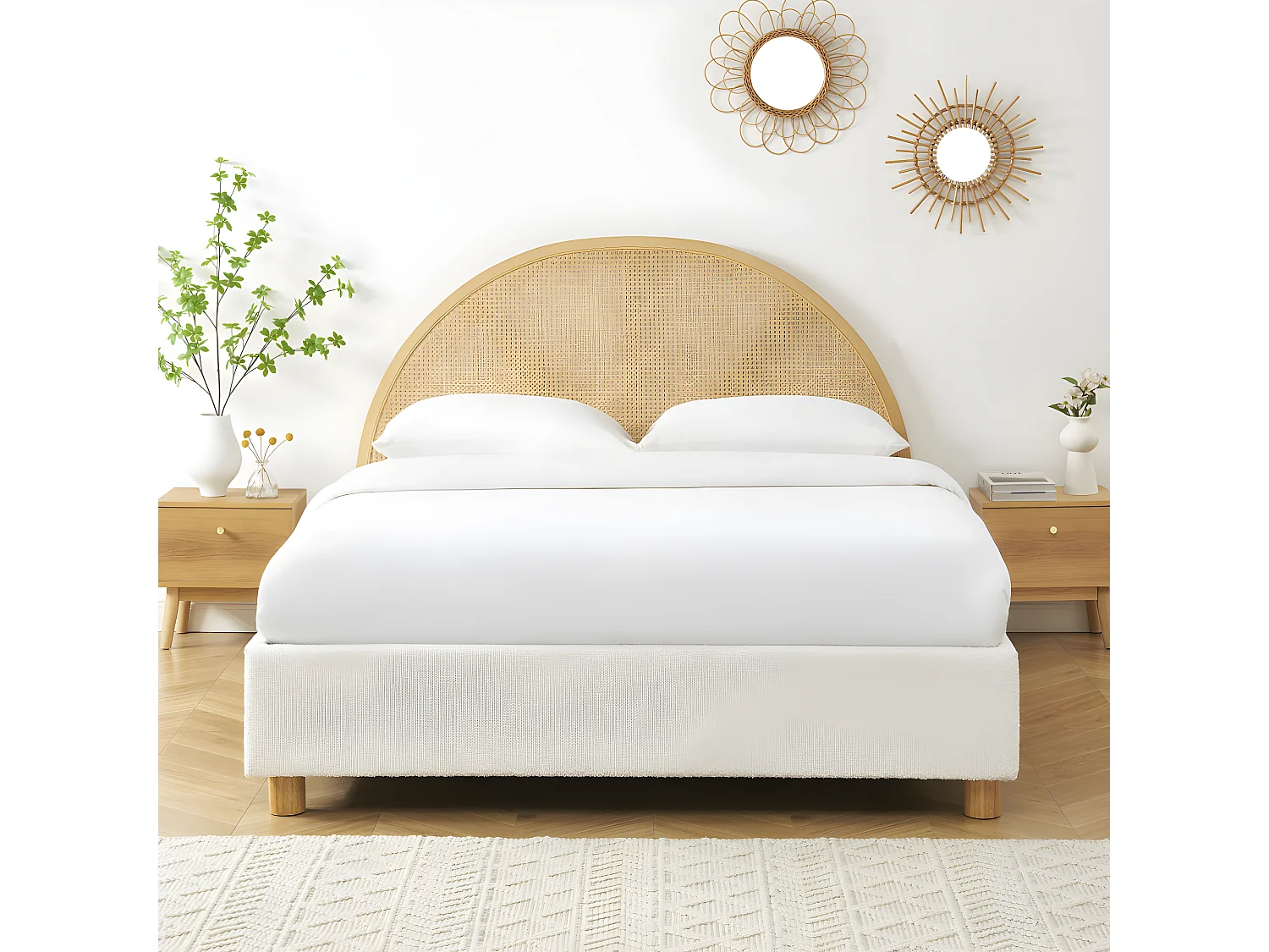 Tajur - Lit coffre en tissu bouclette et cannage 140x190cm - Ecru