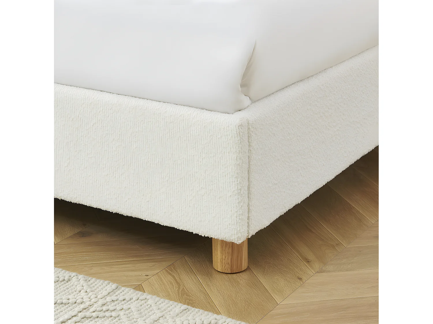 Tajur - Lit coffre en tissu bouclette et cannage 140x190cm - Ecru