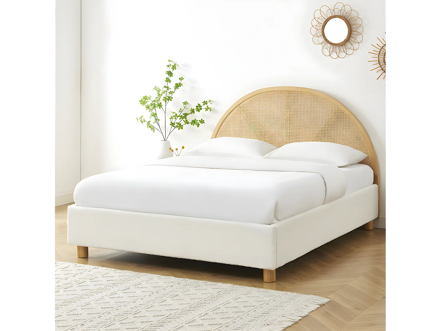 Tajur - Lit coffre en tissu bouclette et cannage 140x190cm - Ecru