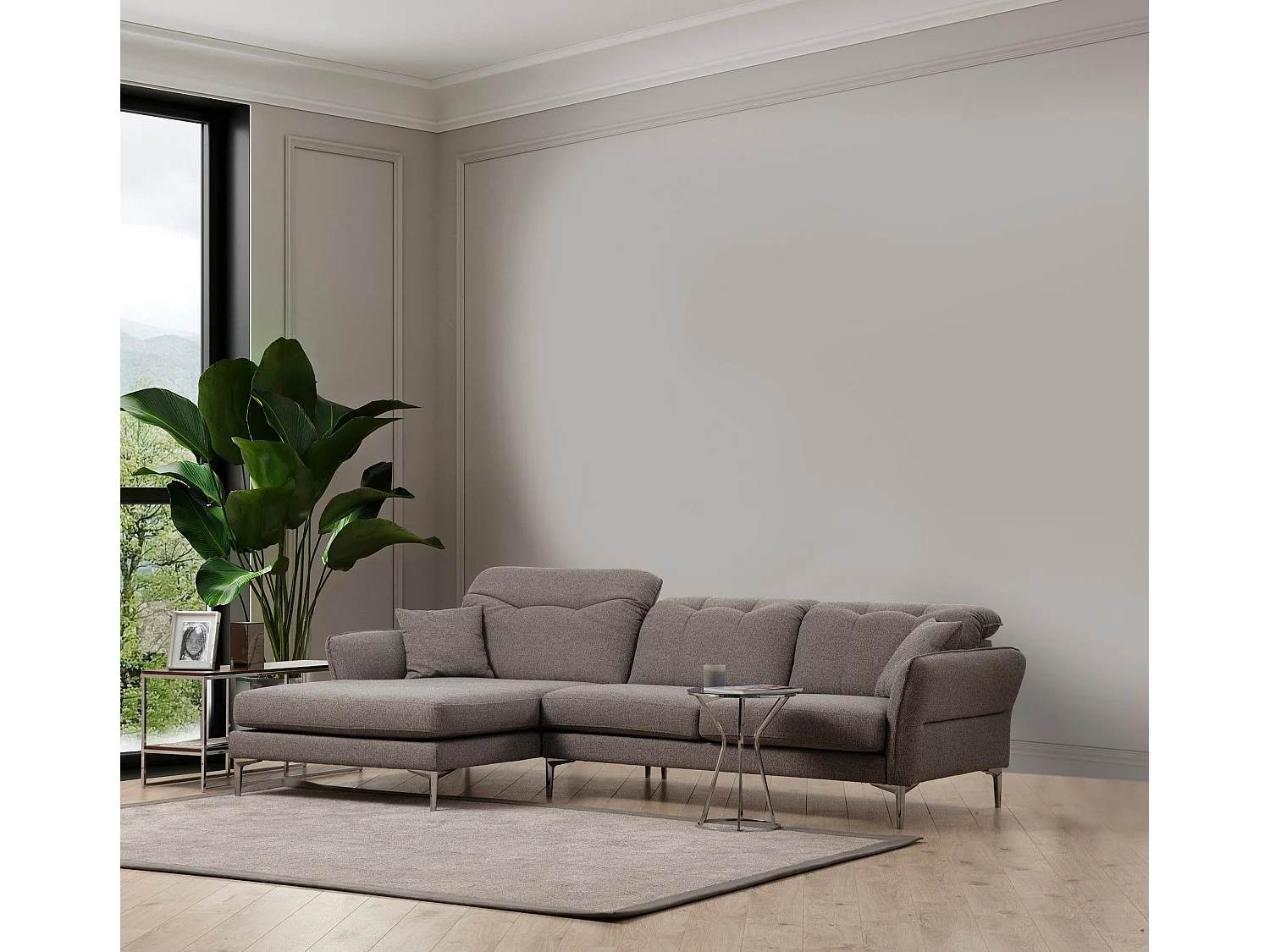 Canapé d'angle à gauche avec 2 coussins Enyana Tissu Gris