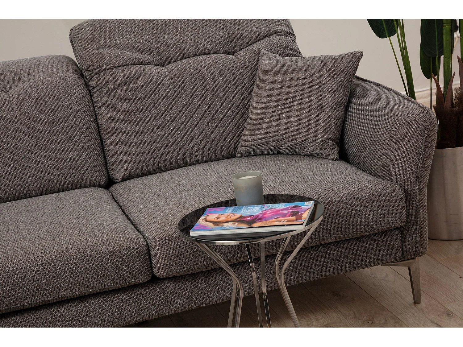 Canapé d'angle à gauche avec 2 coussins Enyana Tissu Gris