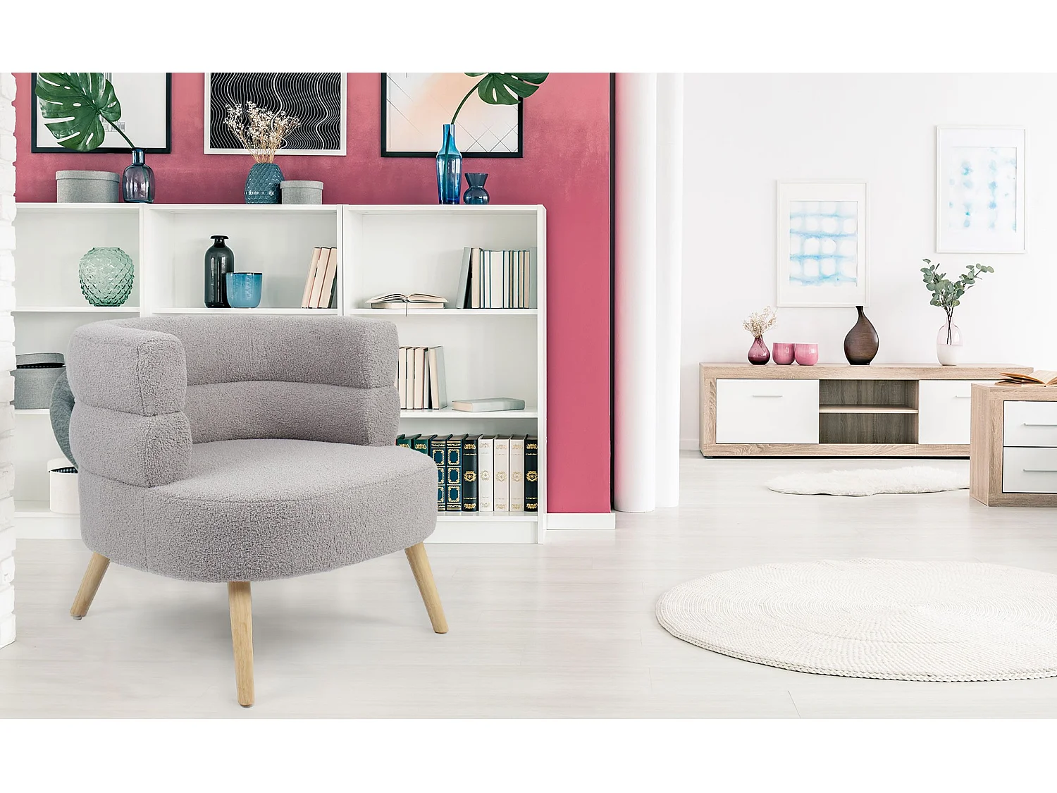 Fauteuil design scandinave arrondi Riviani Tissu bouclette Gris