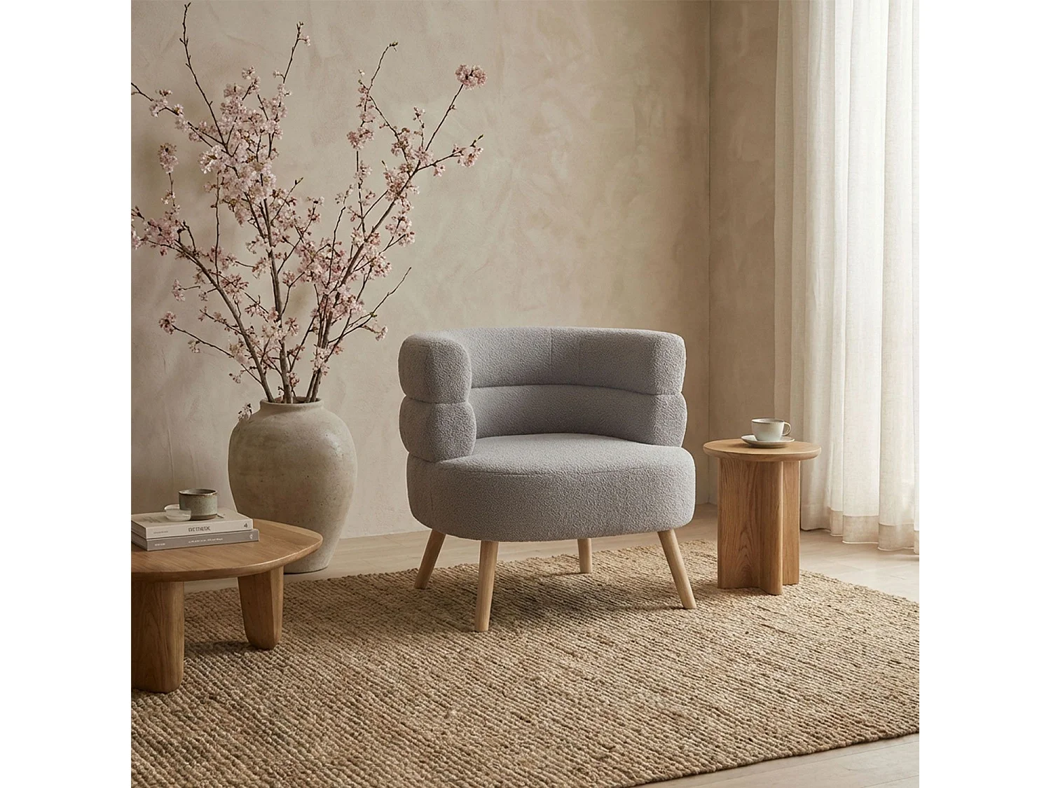 Fauteuil design scandinave arrondi Riviani Tissu bouclette Gris