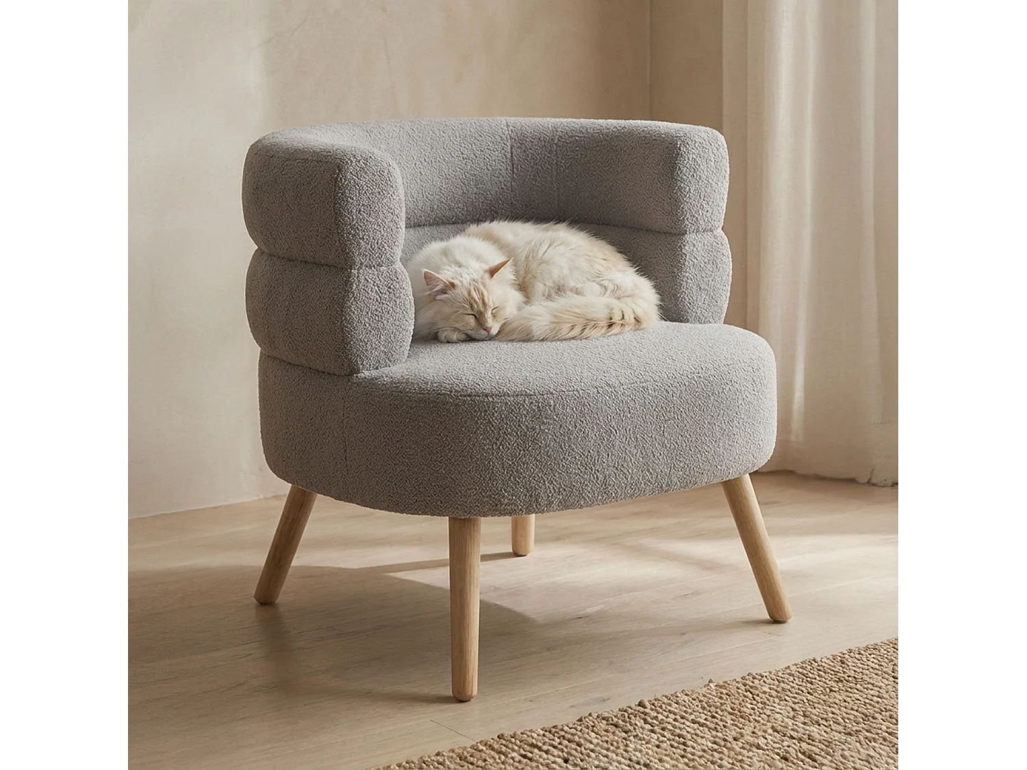 Fauteuil design scandinave arrondi Riviani Tissu bouclette Gris