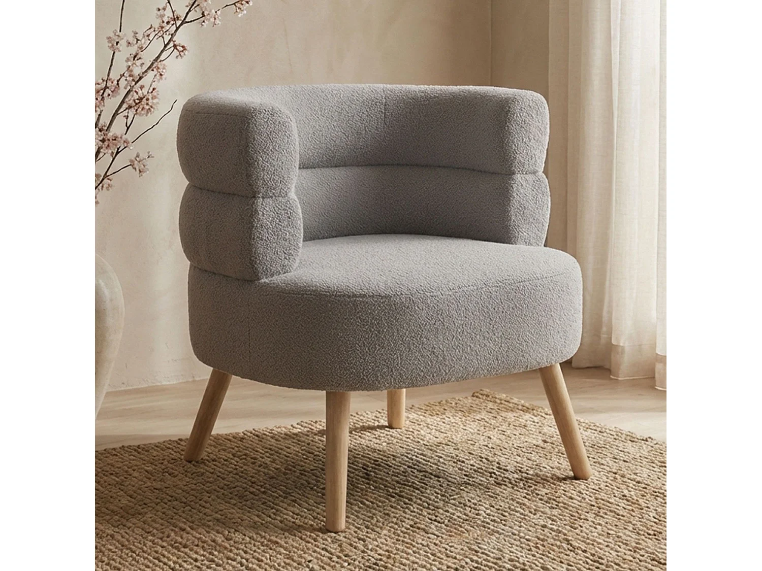 Fauteuil design scandinave arrondi Riviani Tissu bouclette Gris