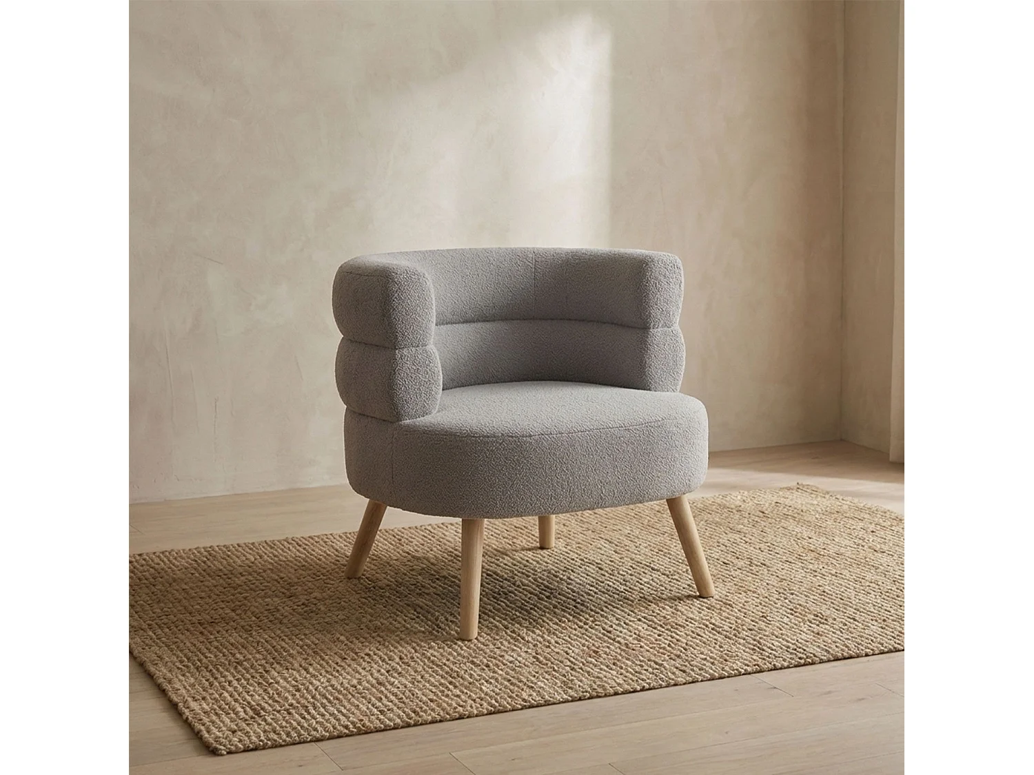 Fauteuil design scandinave arrondi Riviani Tissu bouclette Gris