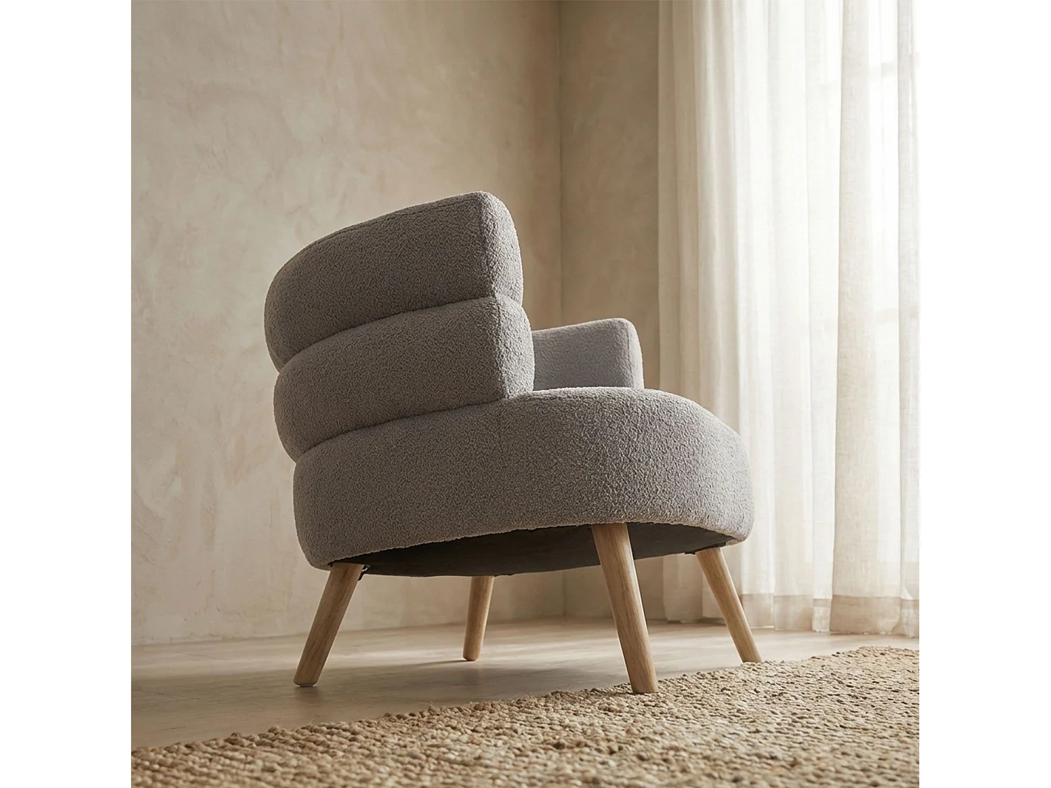 Fauteuil design scandinave arrondi Riviani Tissu bouclette Gris
