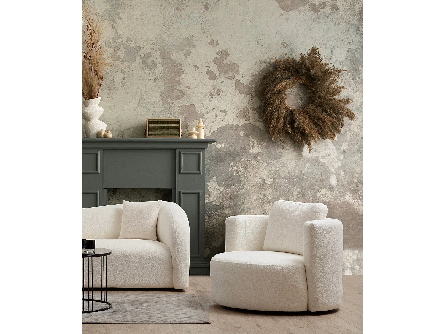 Fauteuil avec 2 coussins Sankifa Tissu bouclettes Blanc crème