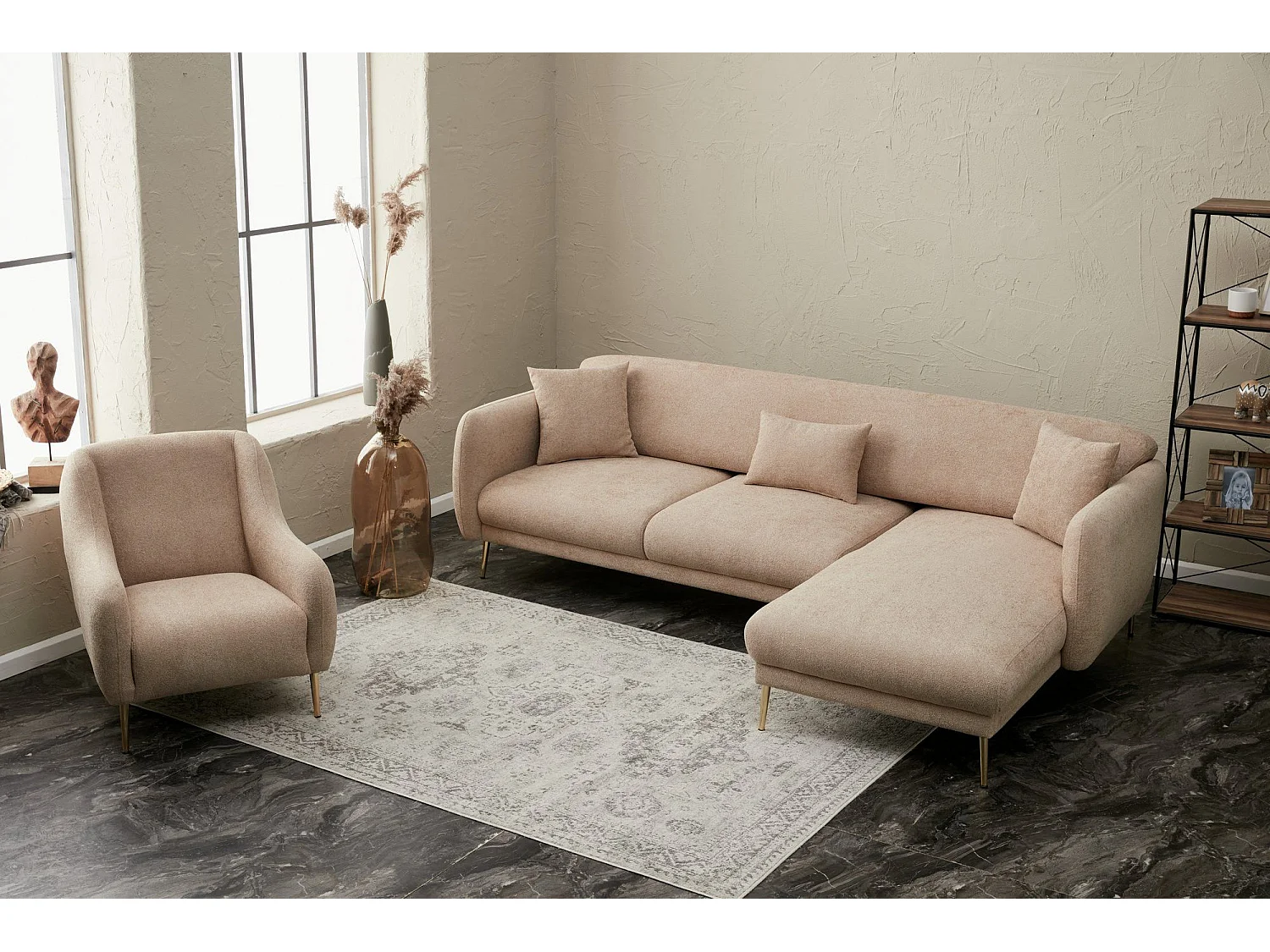 Sofá rinconero Altadena 307, De color marrón claro, 266x95x80cm