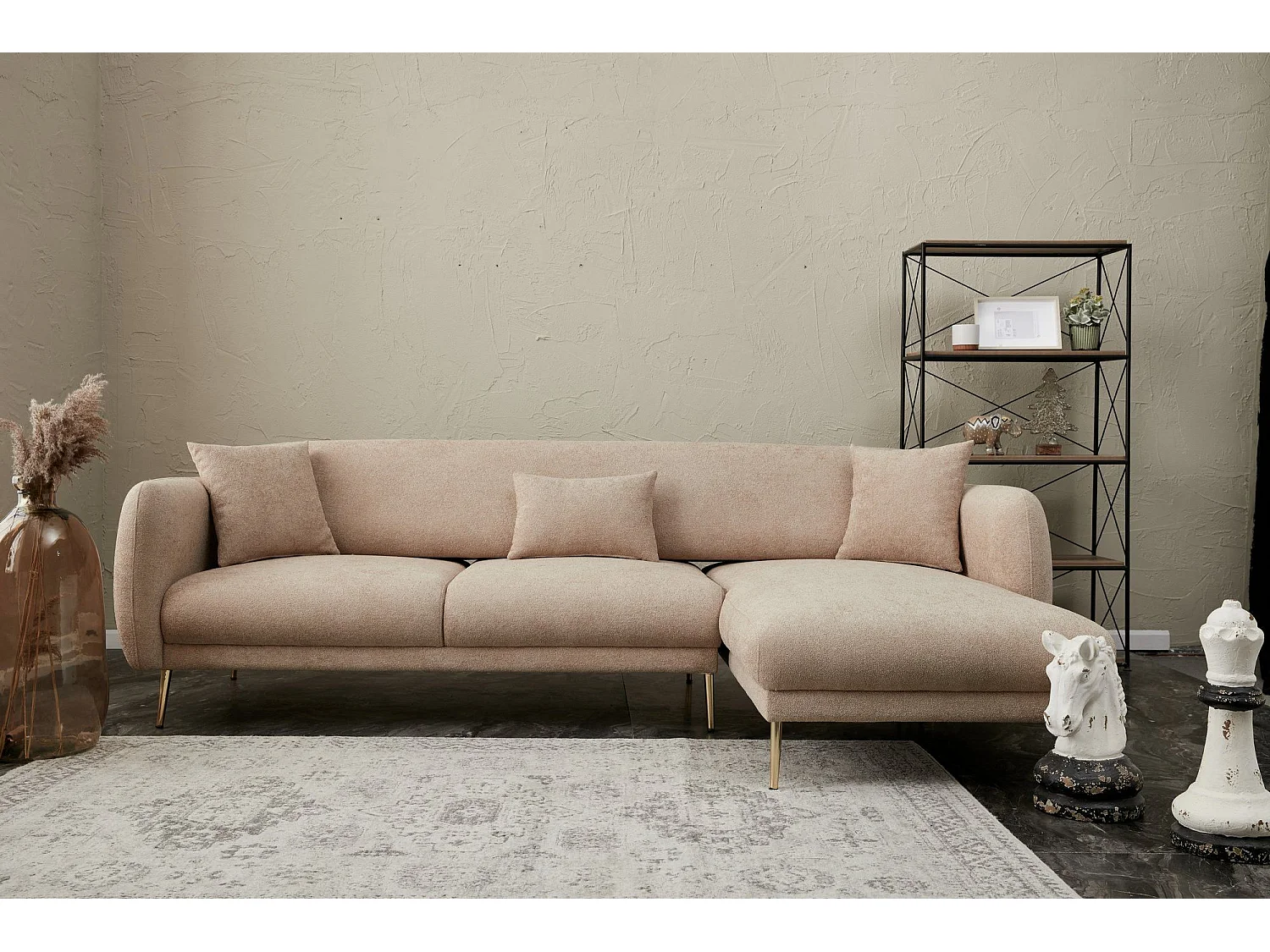 Canapé d'angle à droite convertible pied doré Juanita Tissu Beige