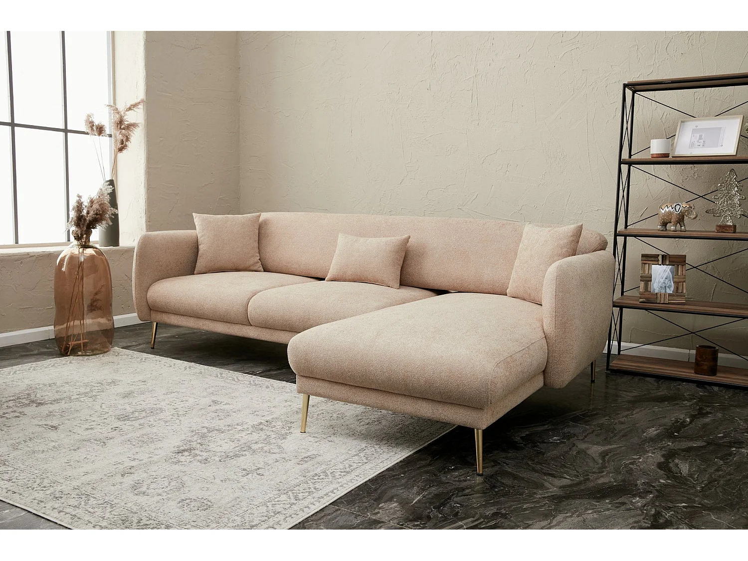 Canapé d'angle à droite convertible pied doré Juanita Tissu Beige