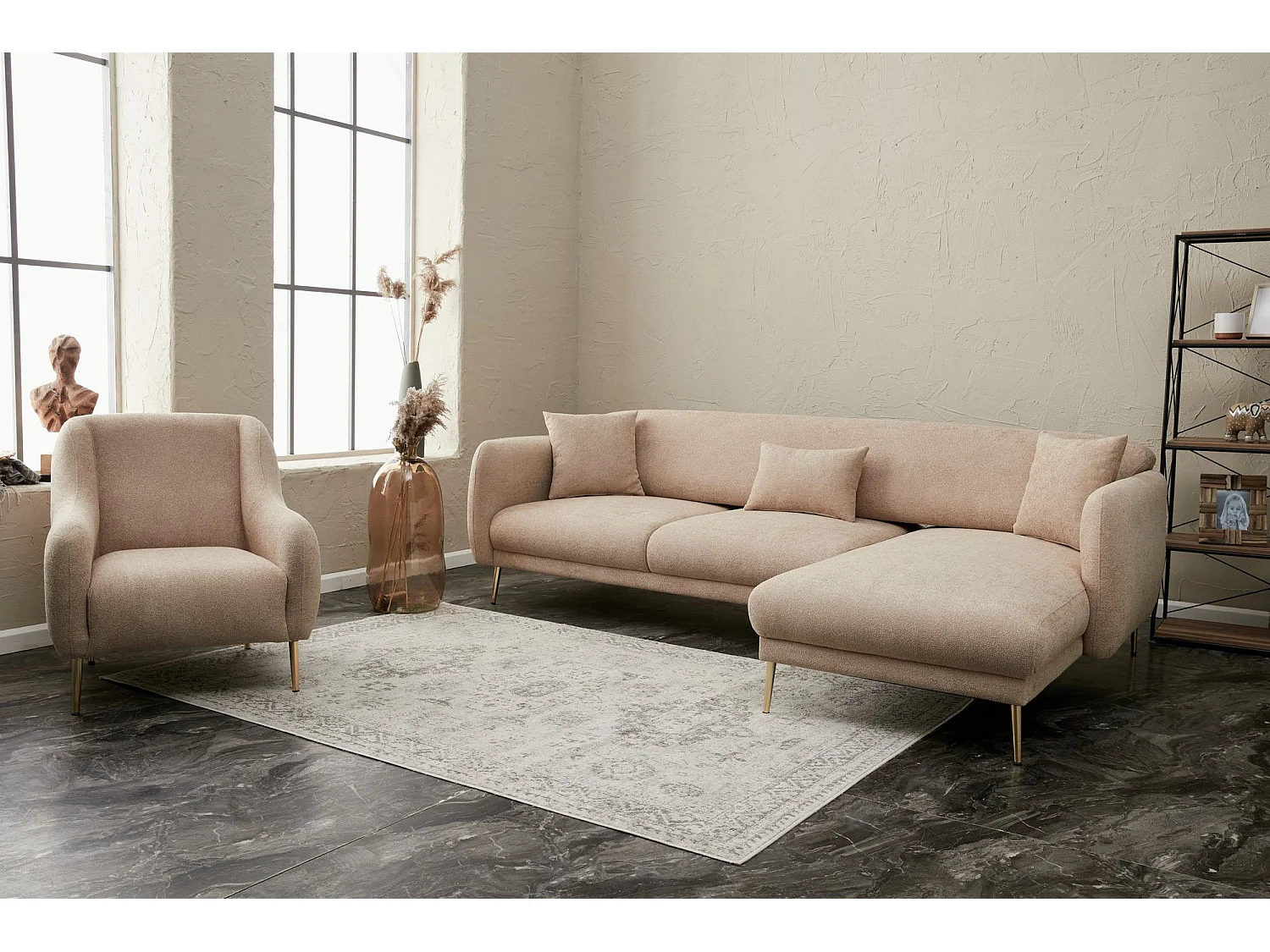 Canapé d'angle à droite convertible pied doré Juanita Tissu Beige