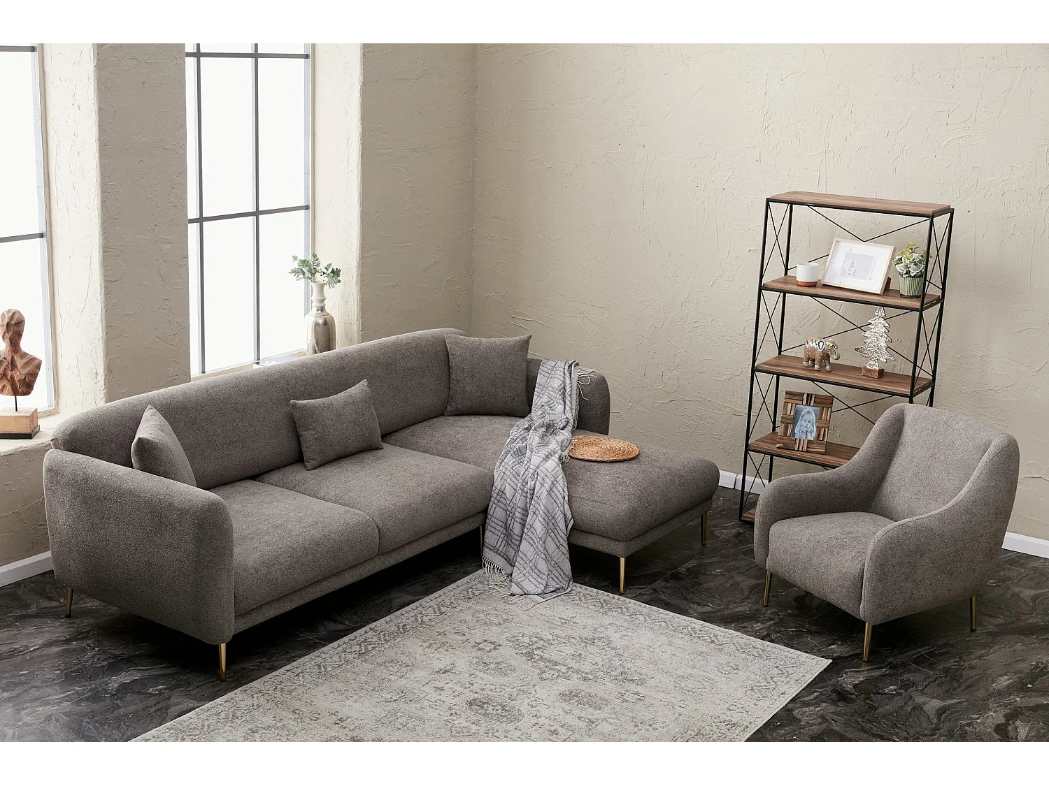 Canapé d'angle à droite convertible pied doré Juanita Tissu Gris