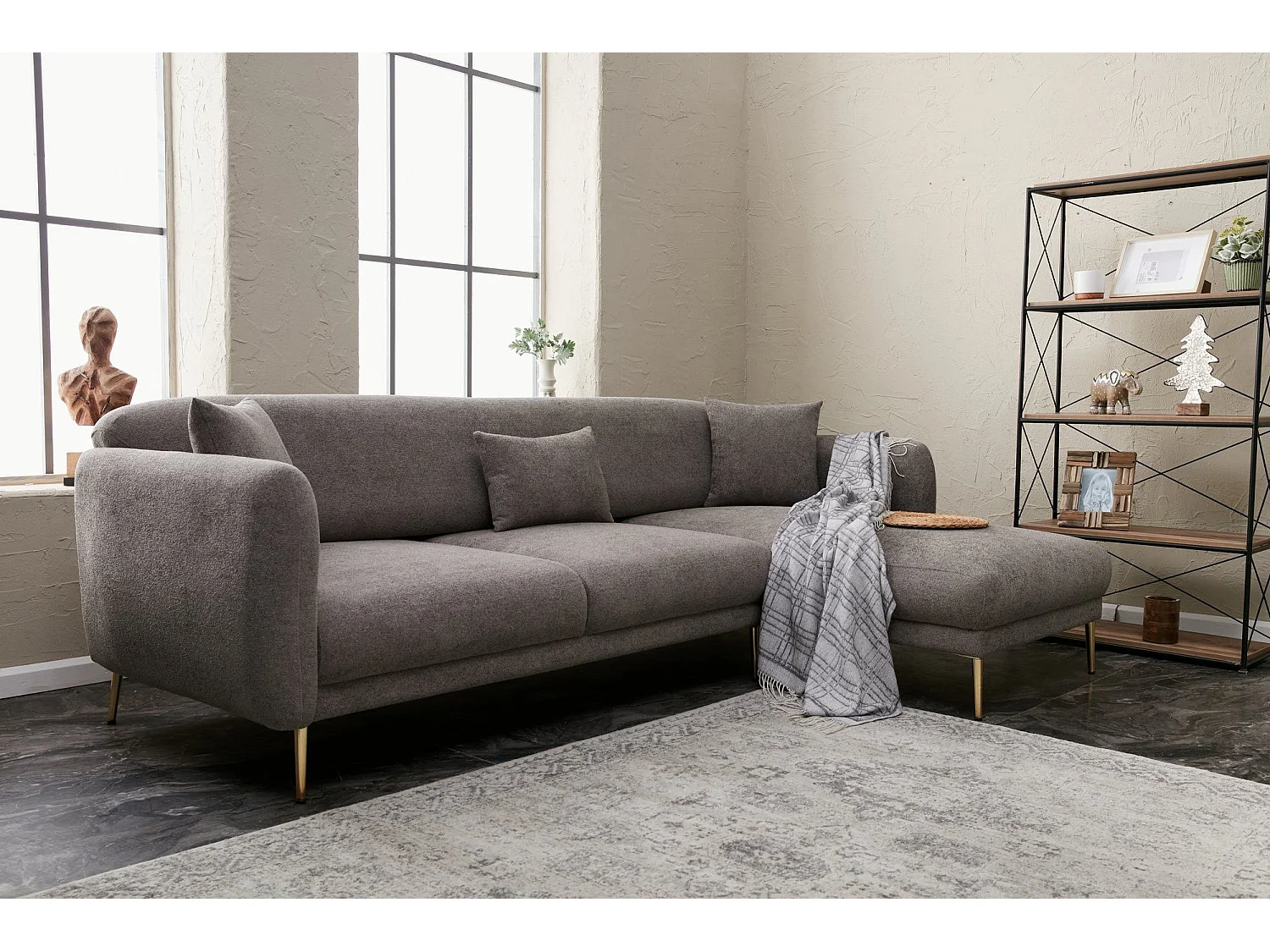 Converteerbare hoekbank in stof en gouden poten Birka 266 cm-Kleur Grijs-juiste hoek