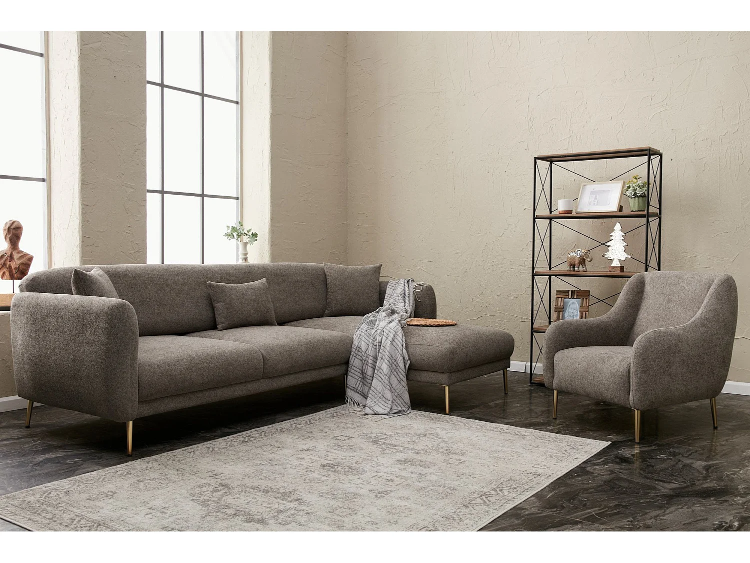 Converteerbare hoekbank in stof en gouden poten Birka 266 cm-Kleur Grijs-juiste hoek