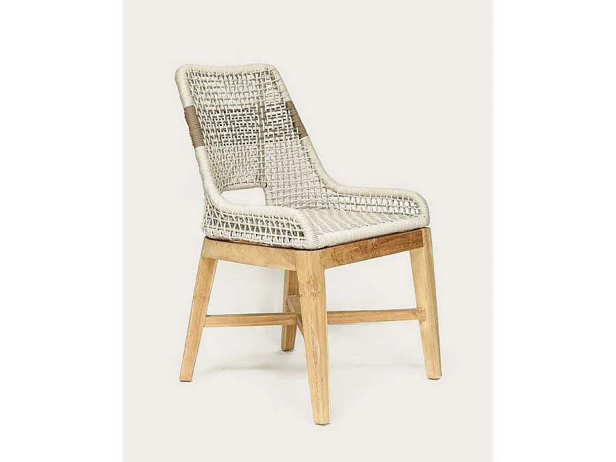 Kos - Sedia con schienale alto in teak massello e corda beige naturale