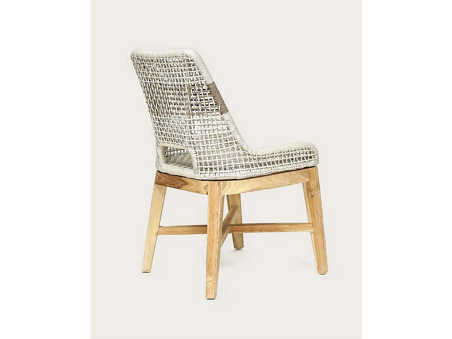 Kos - Sedia con schienale alto in teak massello e corda beige naturale
