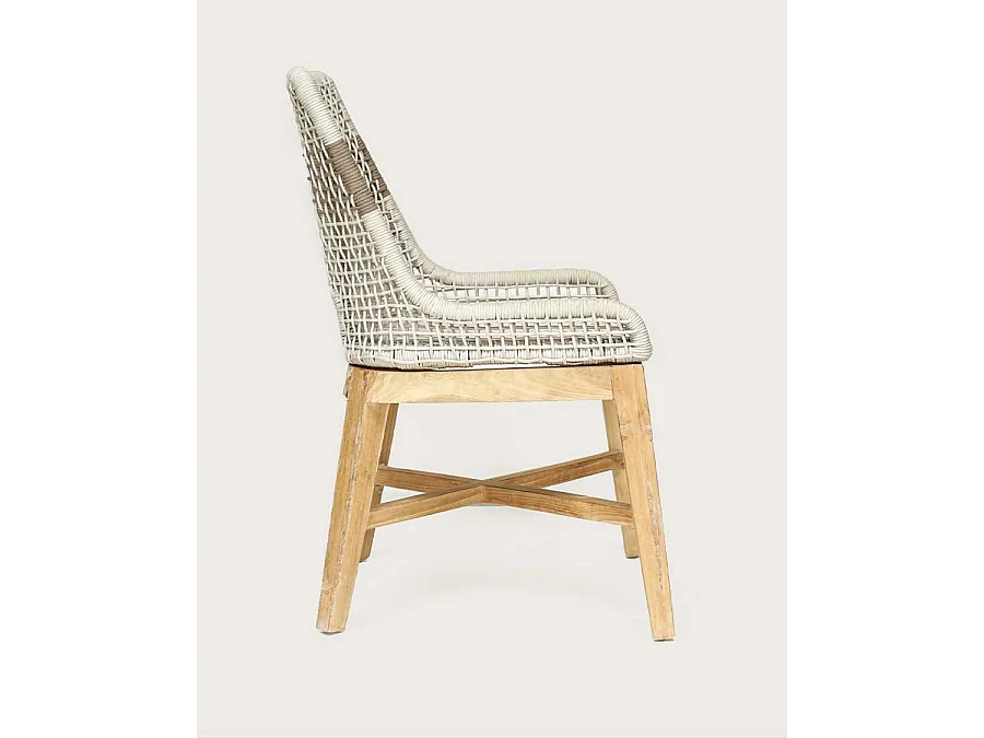 Kos - Sedia con schienale alto in teak massello e corda beige naturale