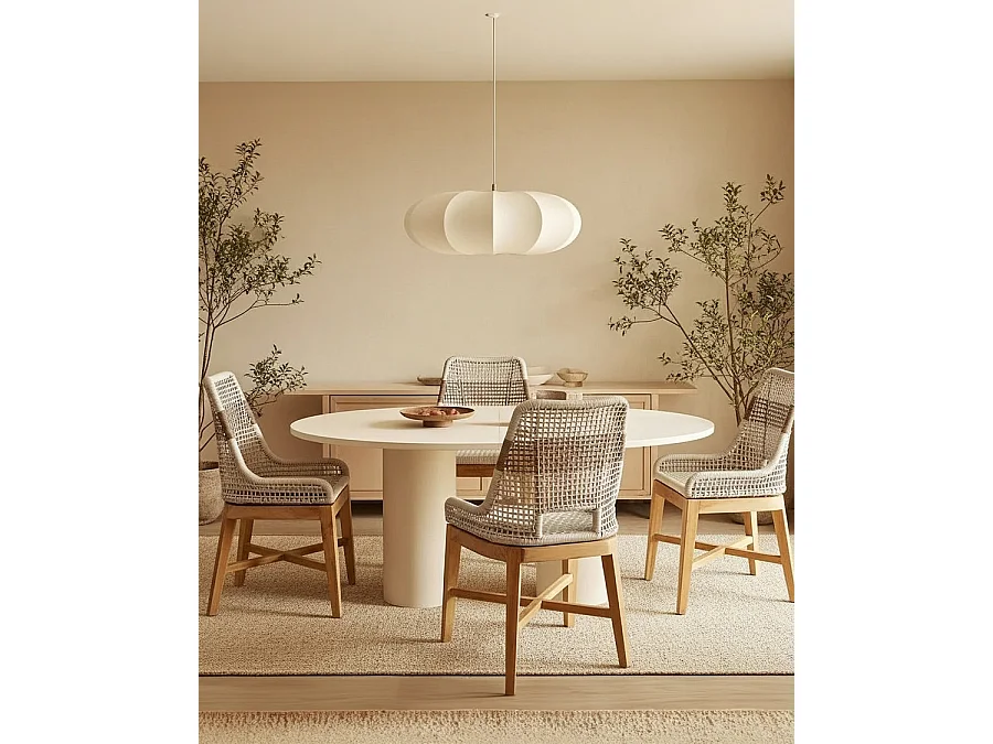 Kos - Sedia con schienale alto in teak massello e corda beige naturale