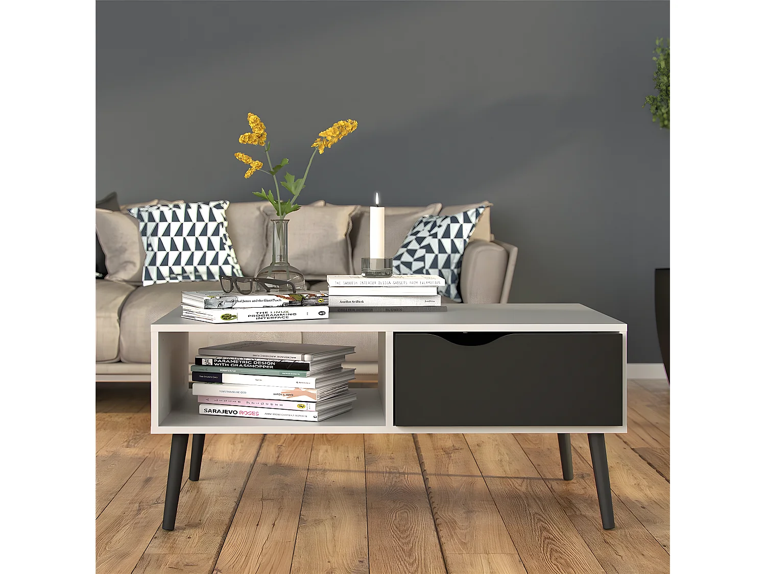 Napoli salontafel met lade en plank zwart/wit.