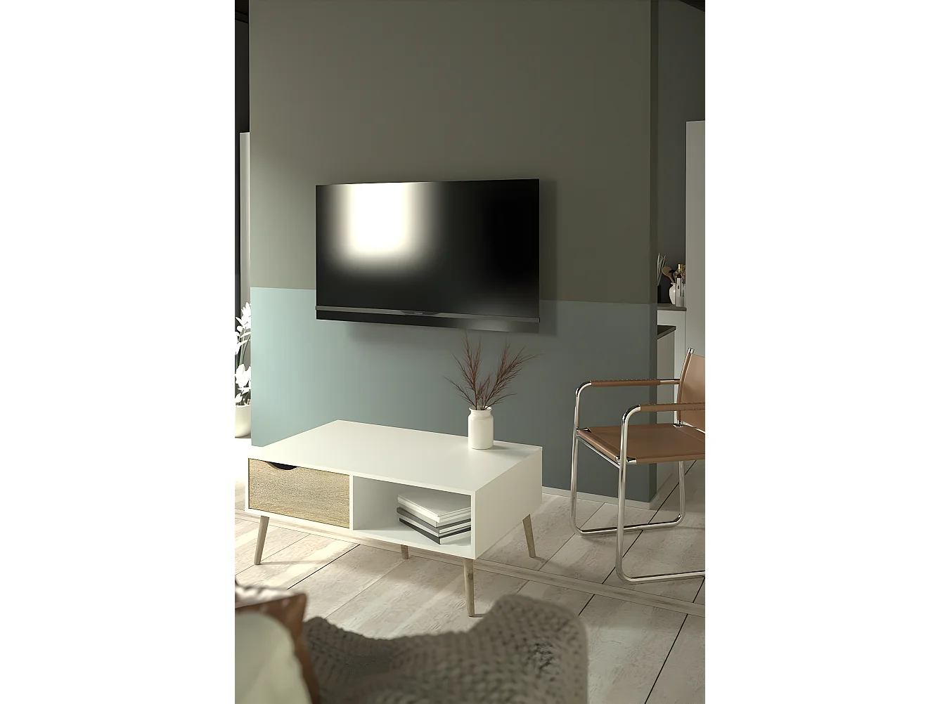 Napoli Couchtisch mit 1 Schublade und 1 Ablage weiss/Eiche.