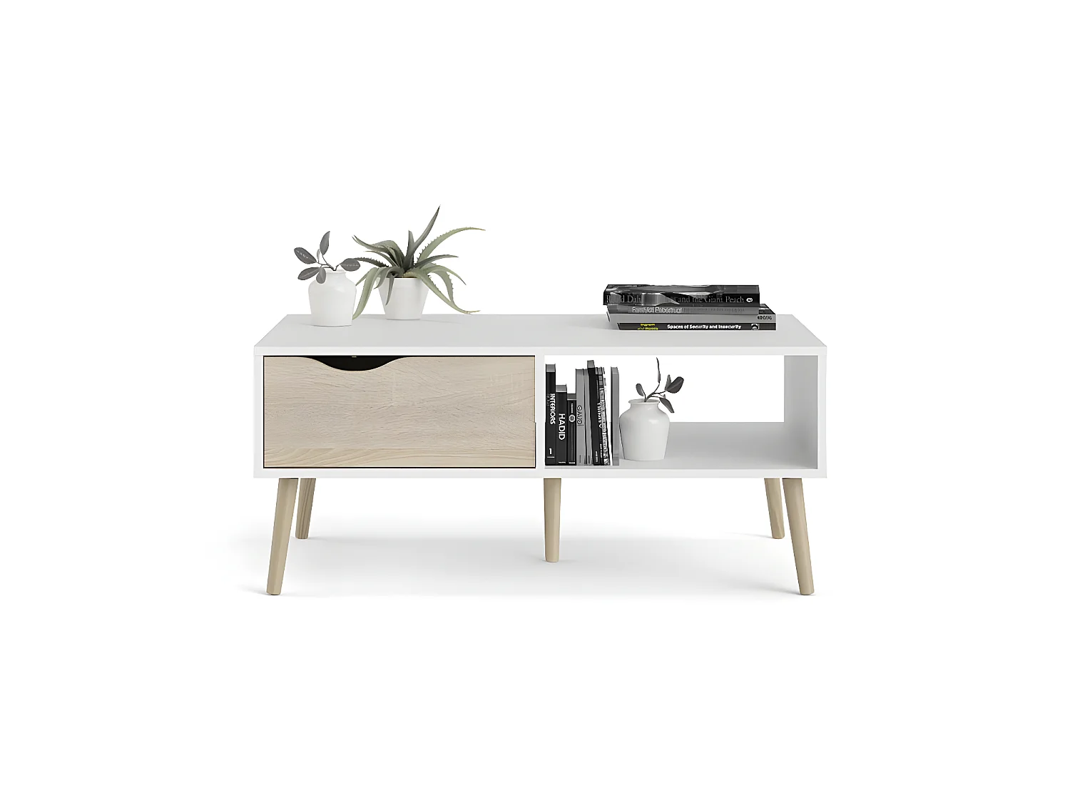 Napoli Table basse avec 1 tiroir et 1 tablette, blanc/chêne.