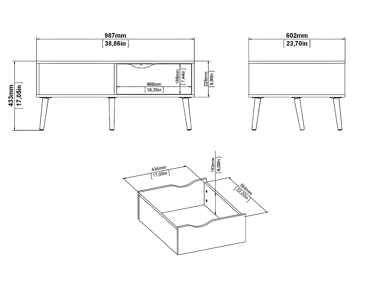 Napoli Table basse avec 1 tiroir et 1 tablette, blanc/chêne.