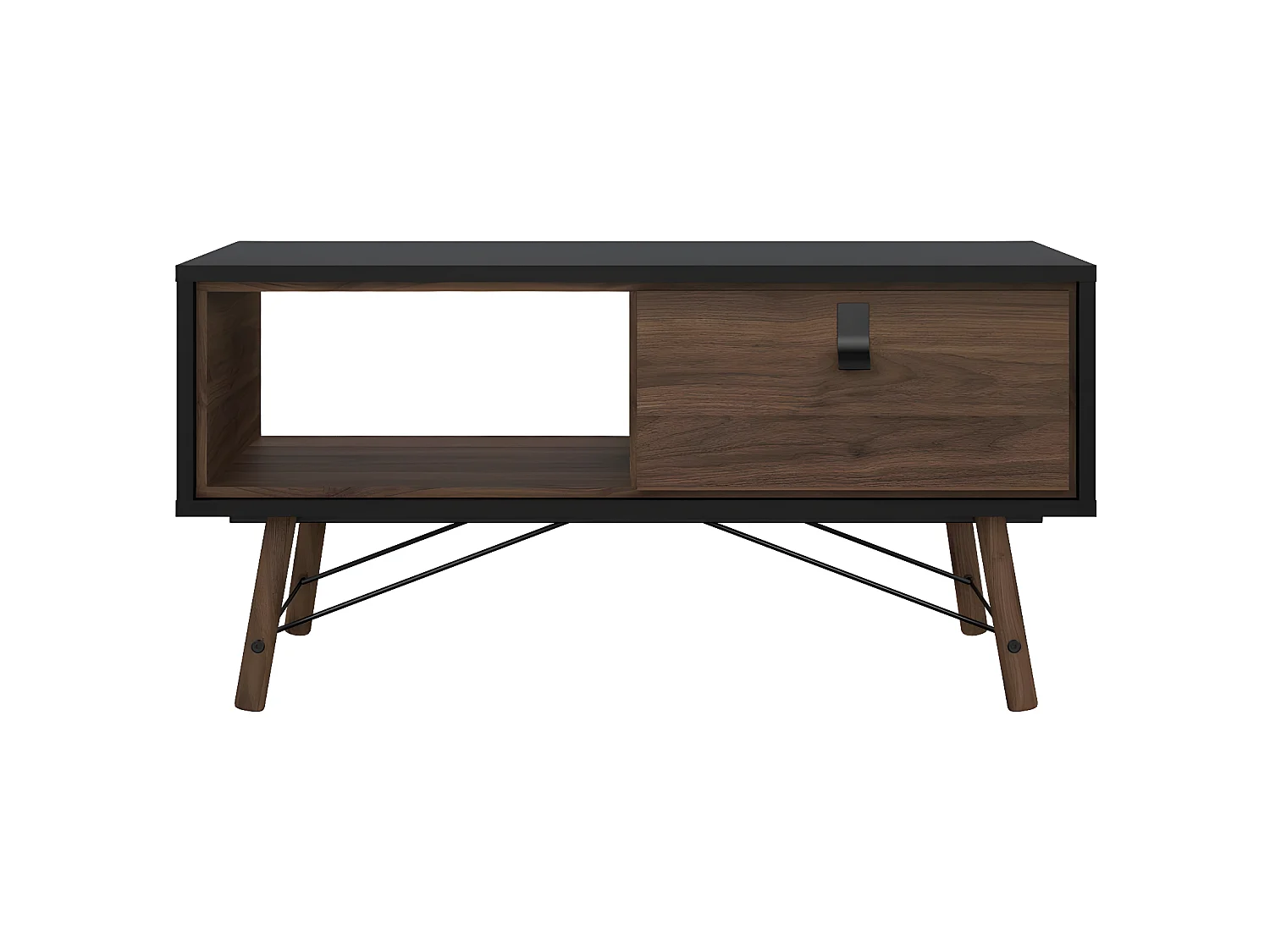 Rye Table basse avec 1 tiroir, noir mat, finition noyer.