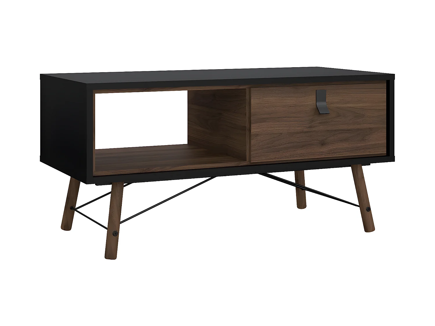 Rye salontafel 1 lade mat zwart, walnoot decor.