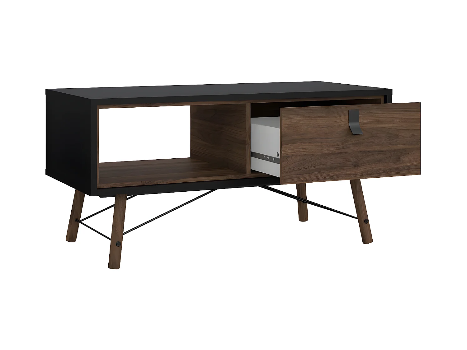 Rye salontafel 1 lade mat zwart, walnoot decor.