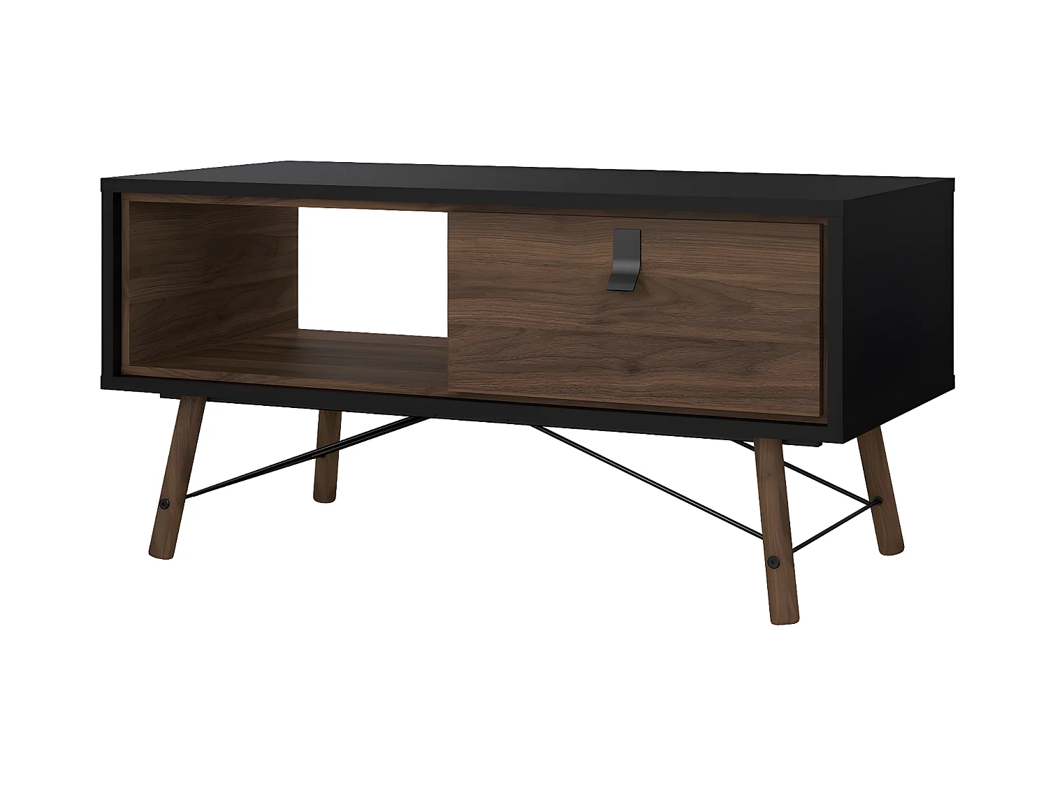 Rye salontafel 1 lade mat zwart, walnoot decor.