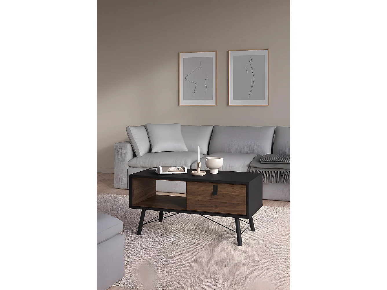 Rye salontafel 1 lade mat zwart, walnoot decor.