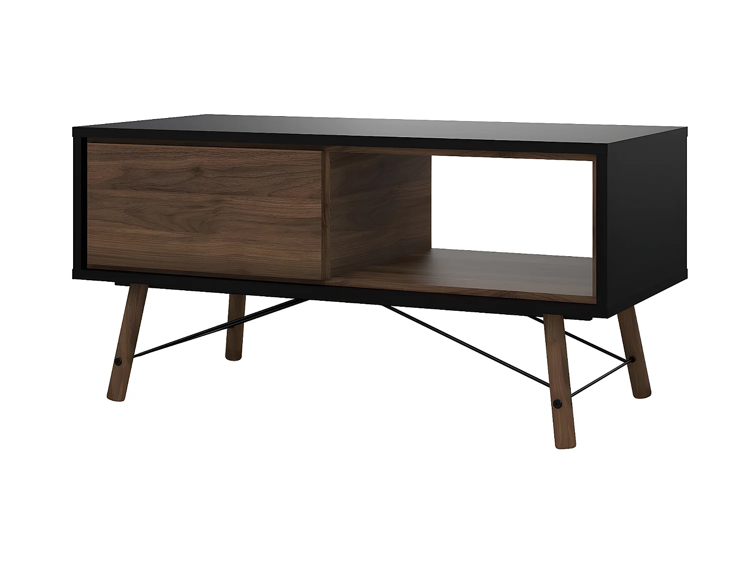 Rye salontafel 1 lade mat zwart, walnoot decor.