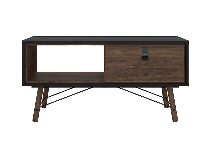 Rye Table basse avec 1 tiroir, noir mat, finition noyer.