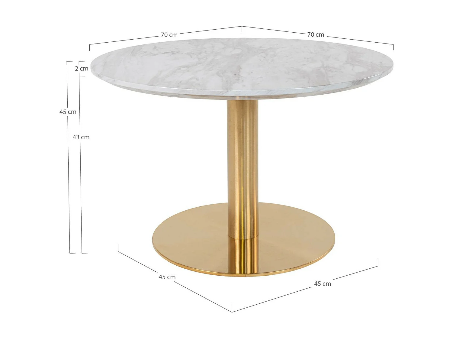 Bologna Table basse Ø70 cm aspect marbre, pieds en laiton, blanc.