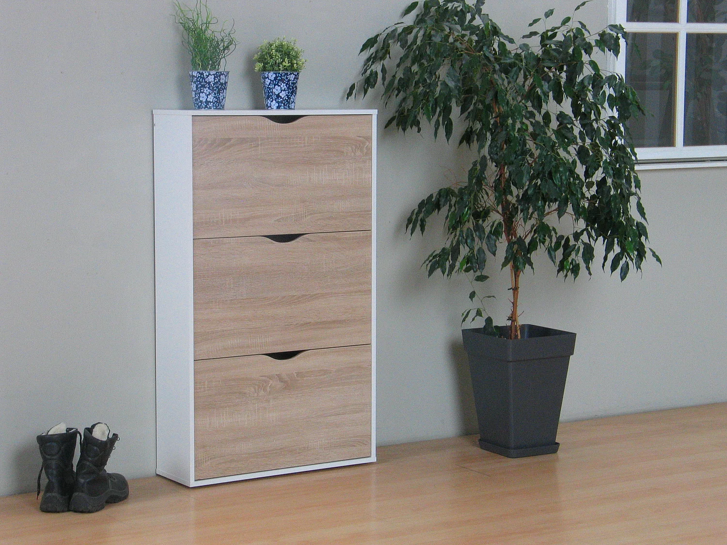 Napoli Armoire à chaussures avec 3 tiroirs, blanc et imitation chêne.