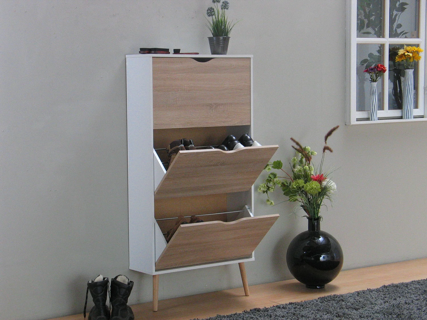 Napoli Armoire à chaussures avec 3 tiroirs, blanc et imitation chêne.