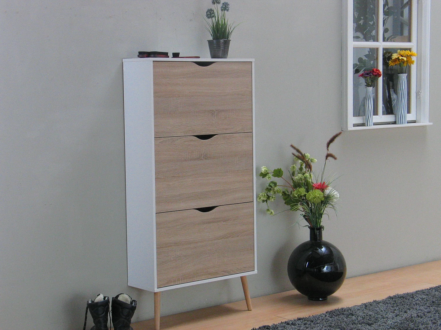 Napoli Armoire à chaussures avec 3 tiroirs, blanc et imitation chêne.