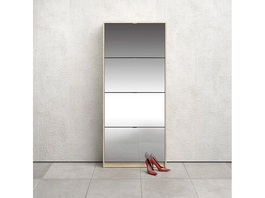 Shane Armoire à chaussures, 4 casiers, 2R, avec miroir, finition chêne structuré.